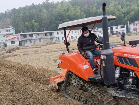 圖為合作社機耕手正在進行煙田起壟作業
