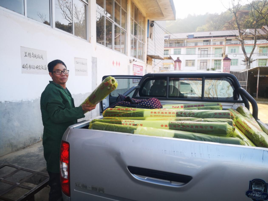圖為煙農(nóng)滿臉高興的開著皮卡車前來裝運地膜