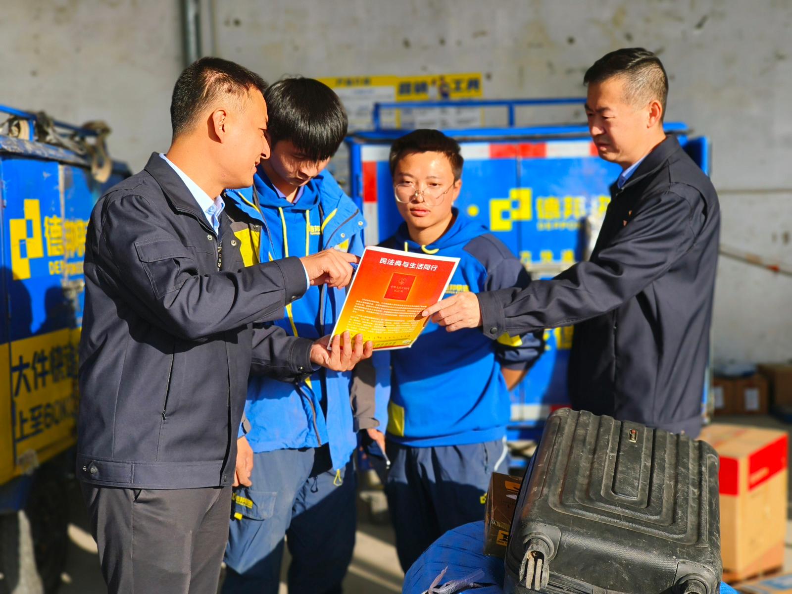 圖為執法人員向快遞站工作人員講解卷煙寄遞標準